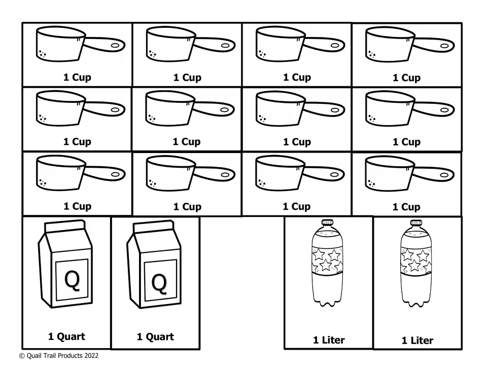 Further conversion cards to cut out: twelve 1 cup measuring cups, two 1 quart cartons and two 1 liter bottles