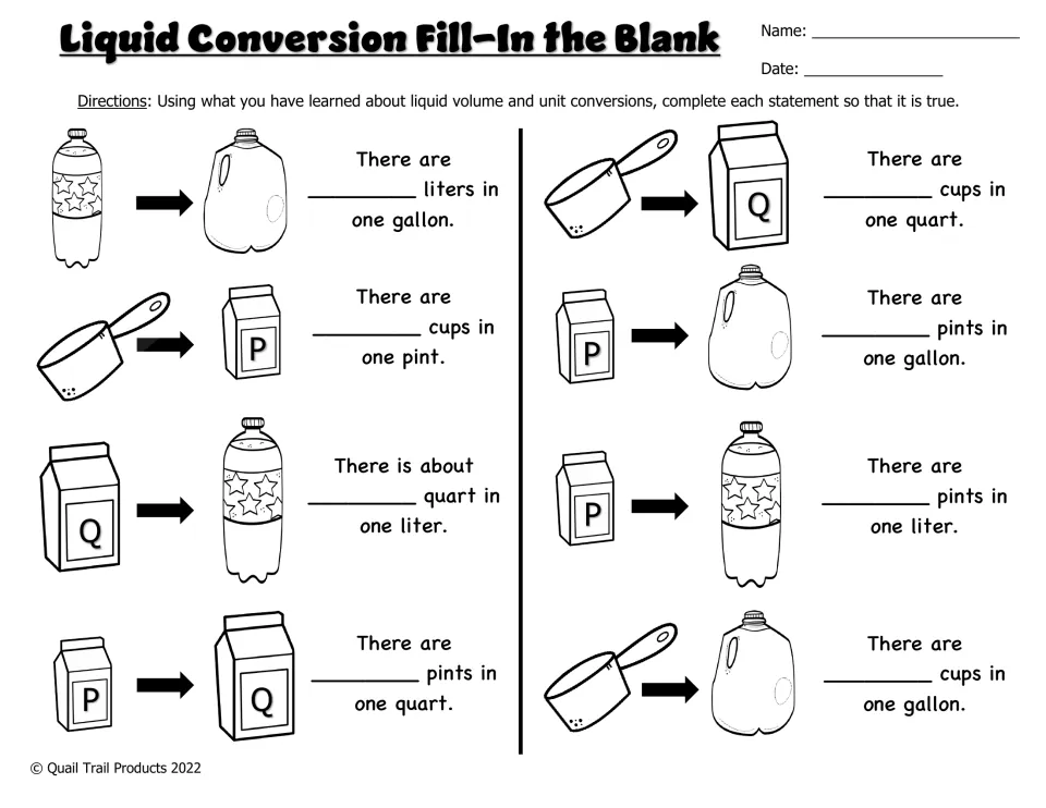 Liquid conversion fill-in: students complete 8 statements such as how many cups are in a pint, quart or gallon