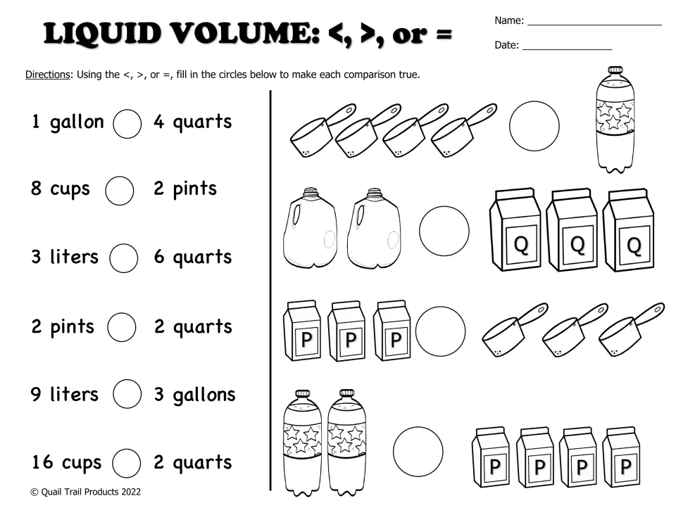 Comparing liquid volumes: students write <, > or = between amounts like 1 gallon and 4 quarts, in words and pictures