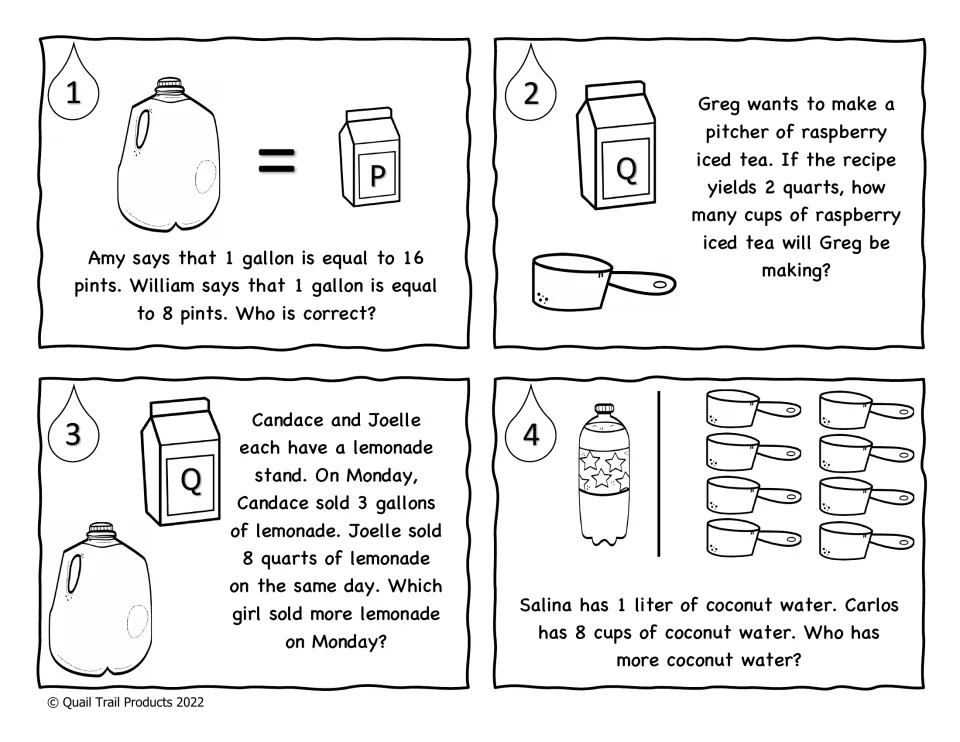 Liquid volume task cards 1 to 4: word problems converting gallons, quarts, pints and cups and comparing a liter with 8 cups