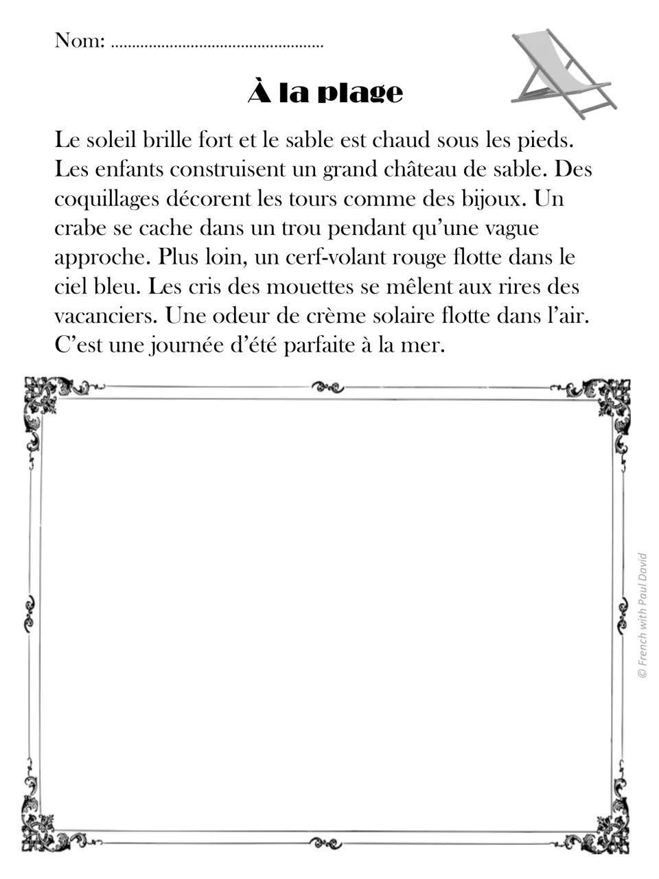 À la plage: students read a French text about a sandcastle, a crab, a red kite and gulls, then draw the beach scene