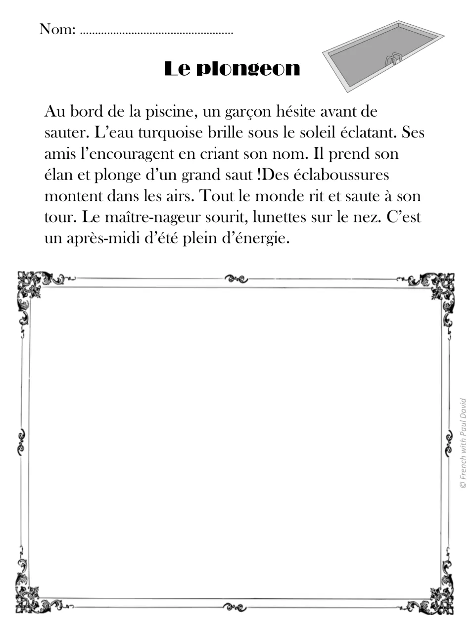 Le plongeon: students read a French story of a boy diving into a pool as friends cheer, then draw what happens