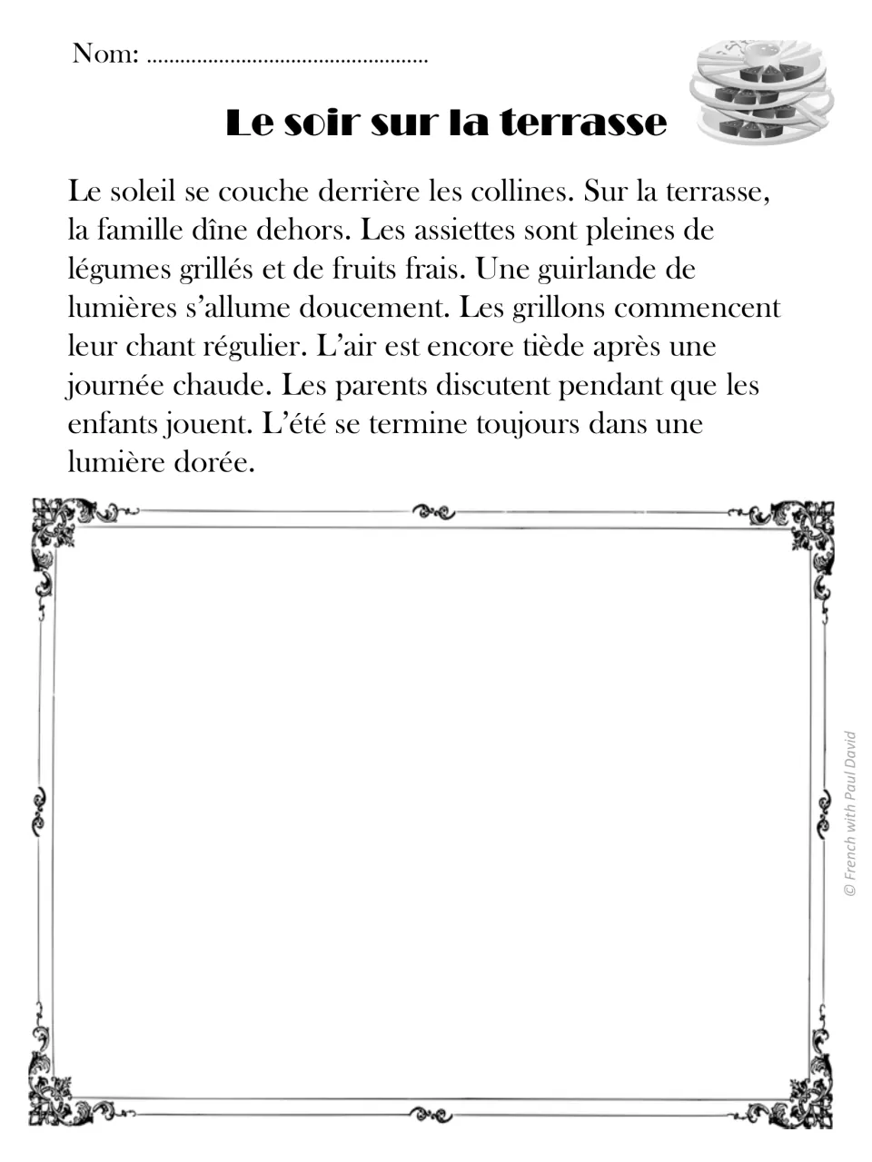 Le soir sur la terrasse: students read about a family dining outdoors at sunset with lights and crickets, then draw it