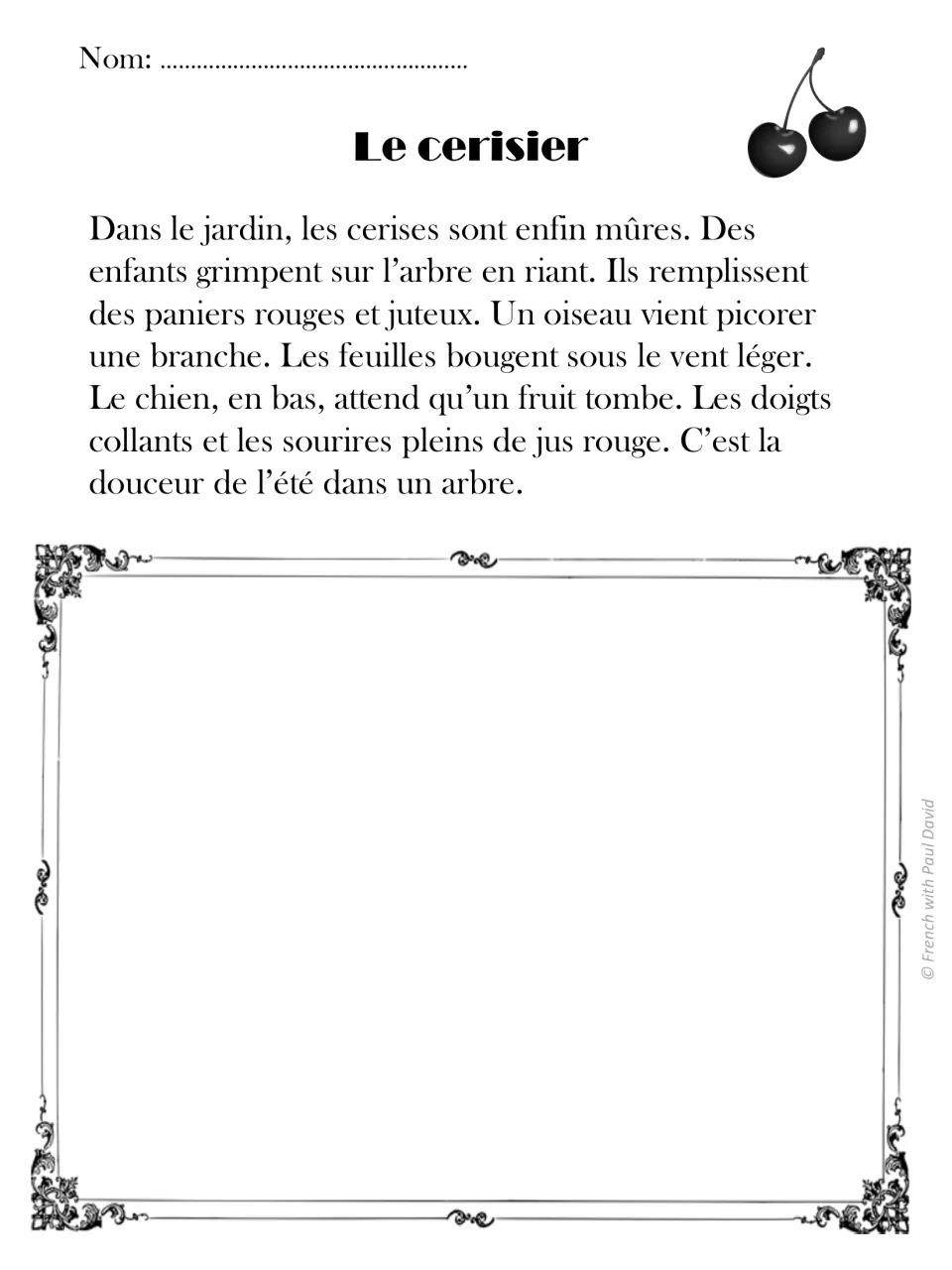 Le cerisier: students read about children picking ripe cherries in a tree while a dog waits below, then draw the scene