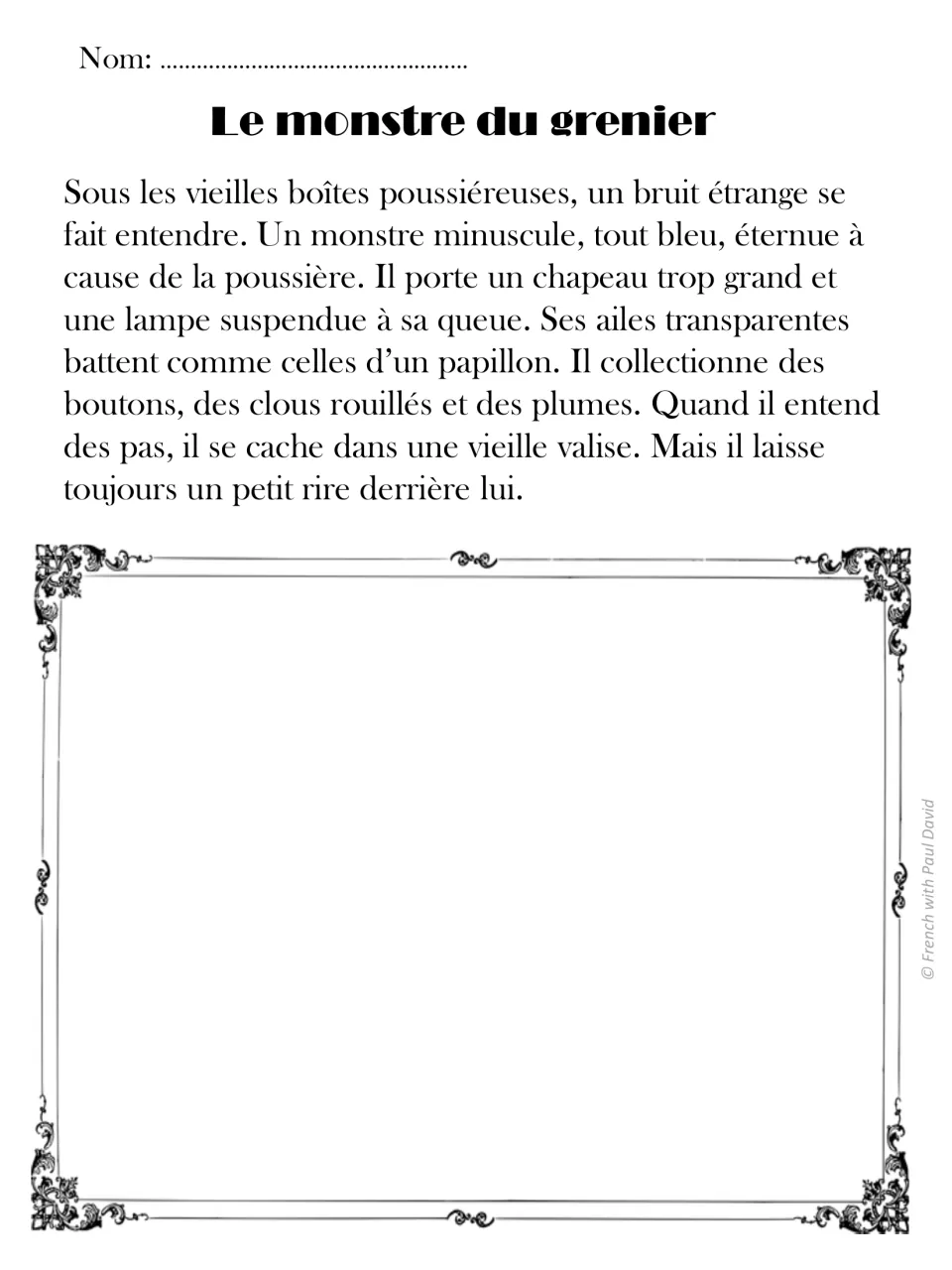 French read-and-draw passage 1: a tiny blue attic monster wears an oversized hat and has transparent wings.