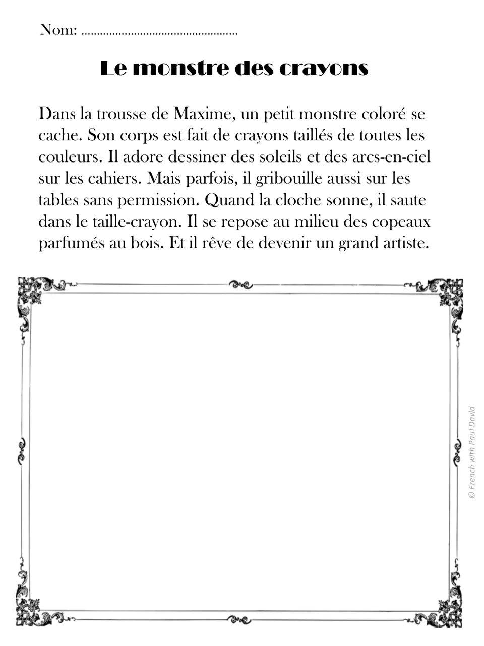 French read-and-draw passage 2: a monster made of colored pencils draws suns and hides in a pencil sharpener.