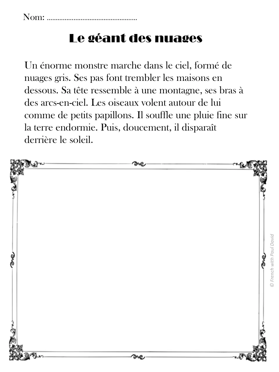 French read-and-draw passage 3: a giant made of gray clouds has a mountain-shaped head and rainbow arms.