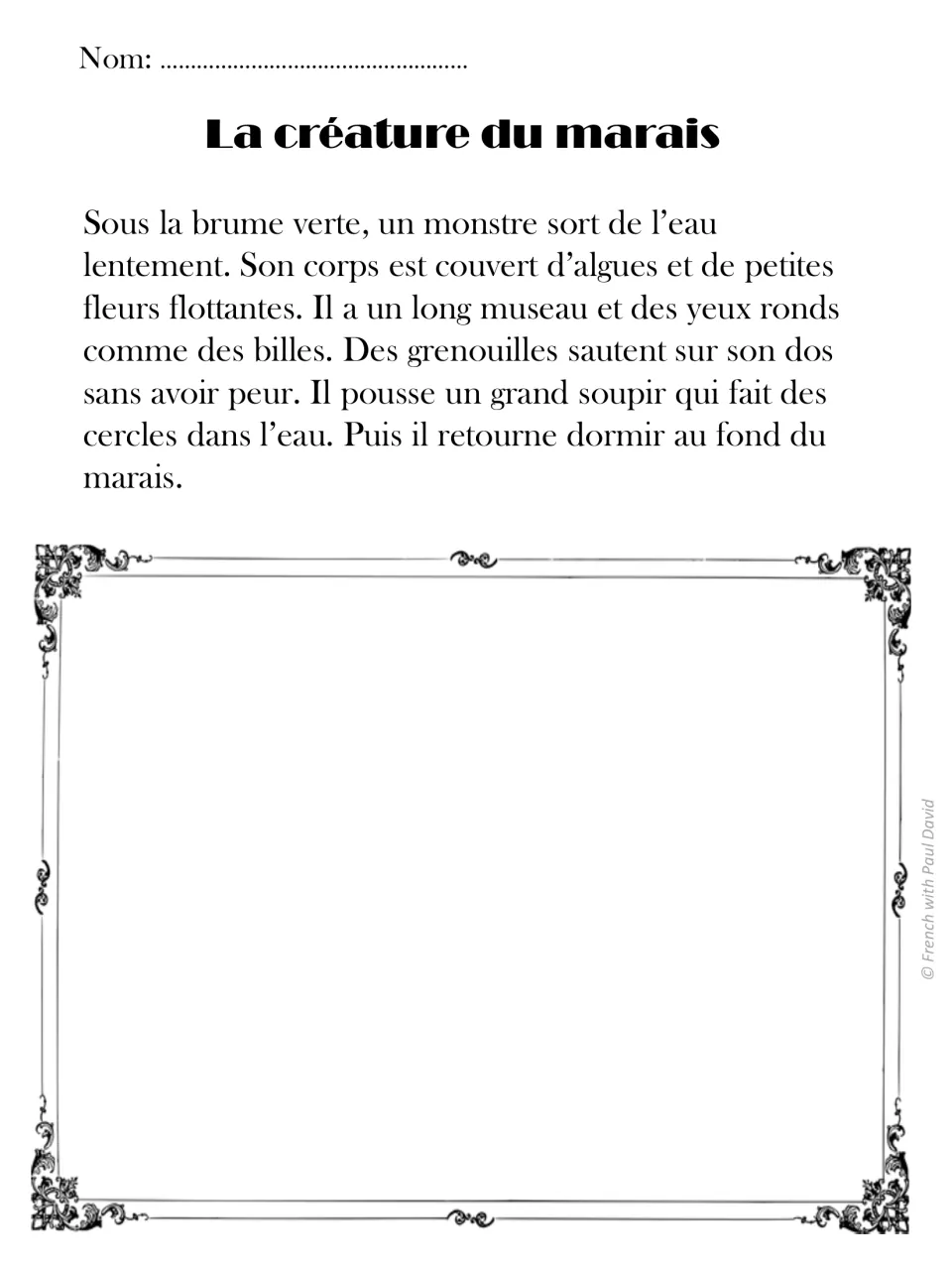 French read-and-draw passage 4: a swamp monster covered in algae and flowers carries frogs on its back.