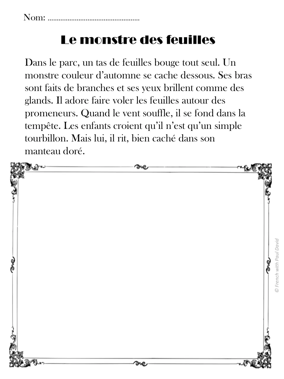 French read-and-draw passage 5: an autumn-colored monster has branch arms and sends leaves flying in the park.