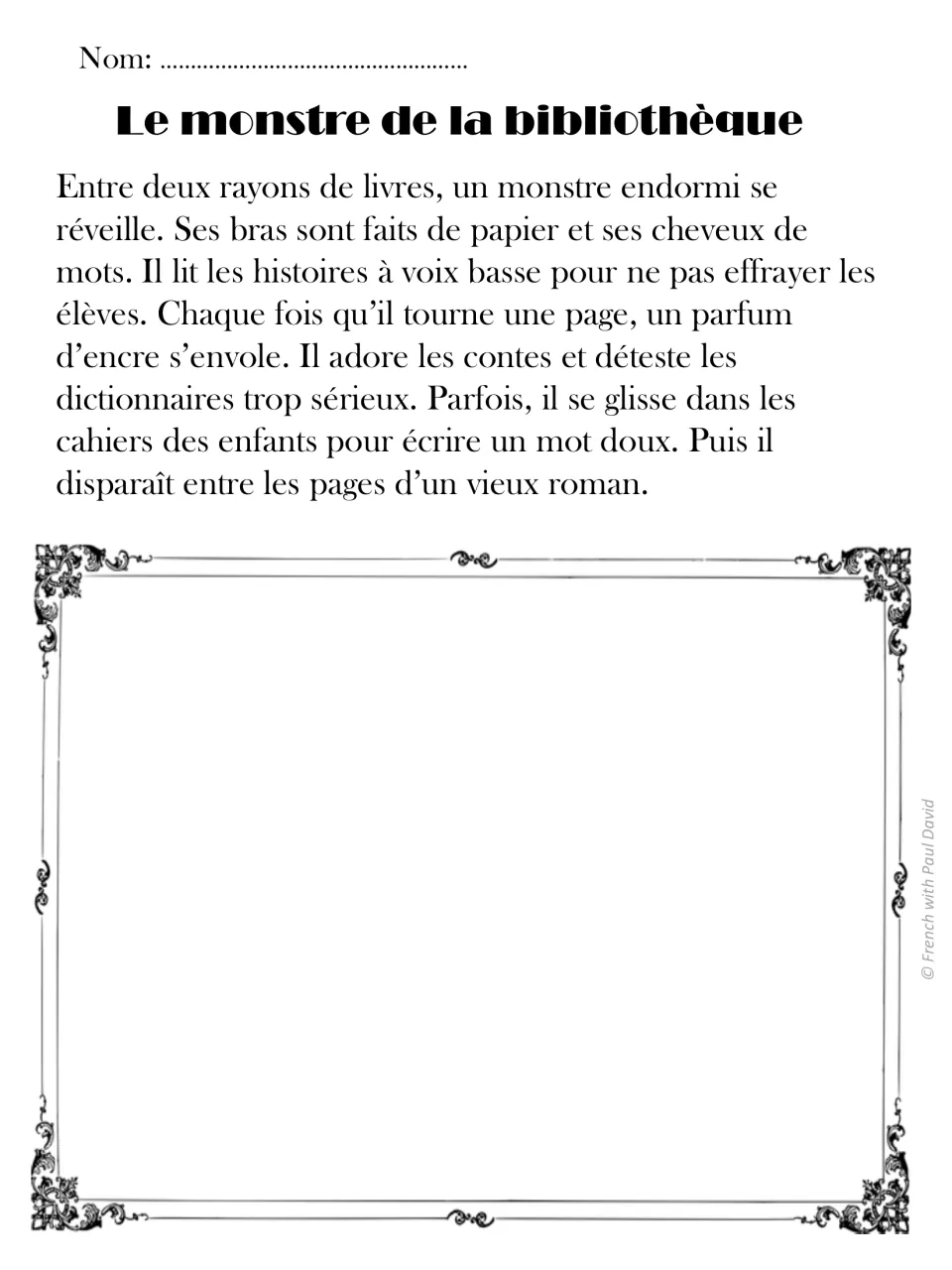 French read-and-draw passage 7: a library monster has paper arms and hair made of words and reads quietly.