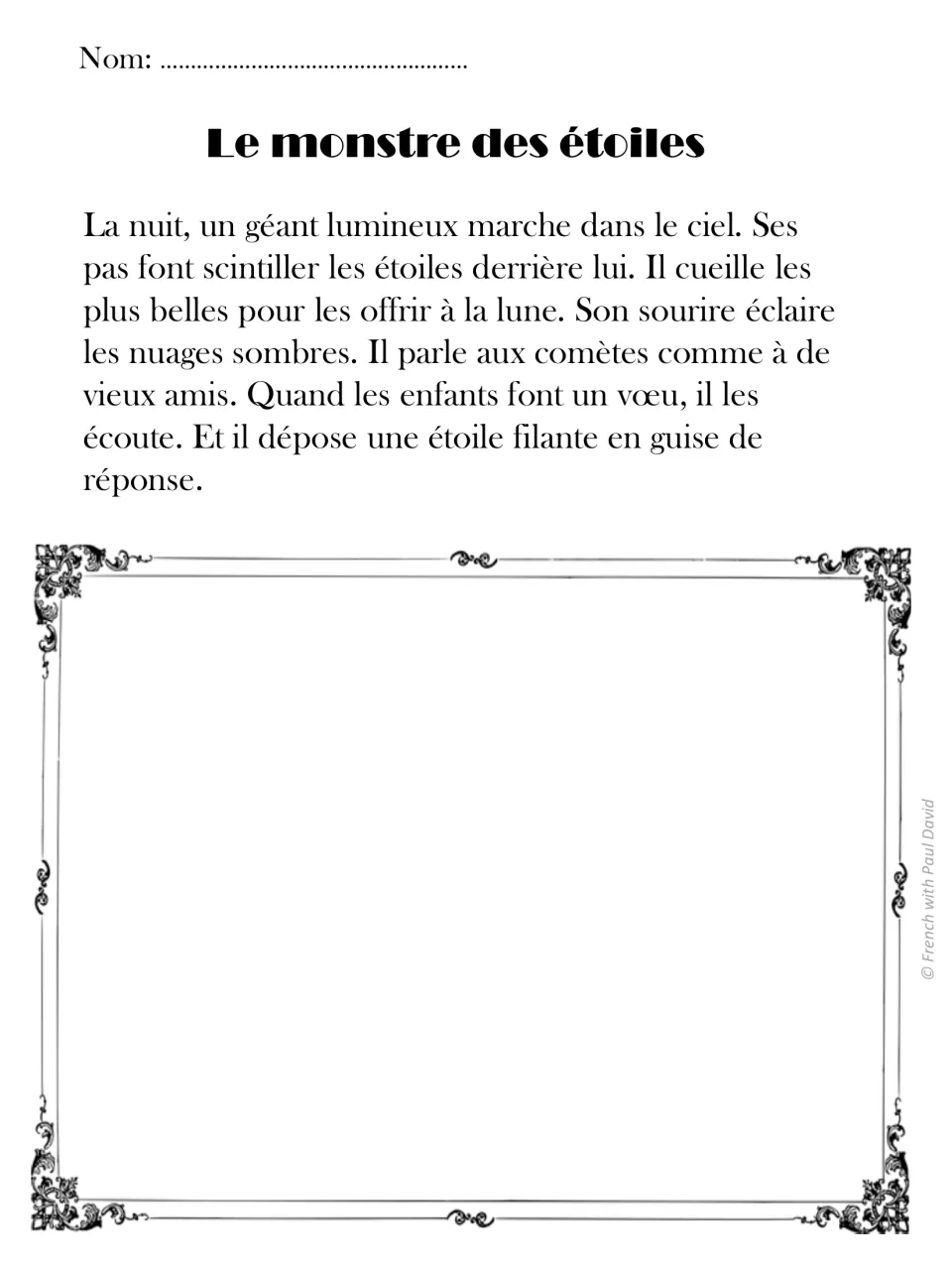 French read-and-draw passage 8: a glowing giant gathers stars for the moon and answers wishes with a shooting star.