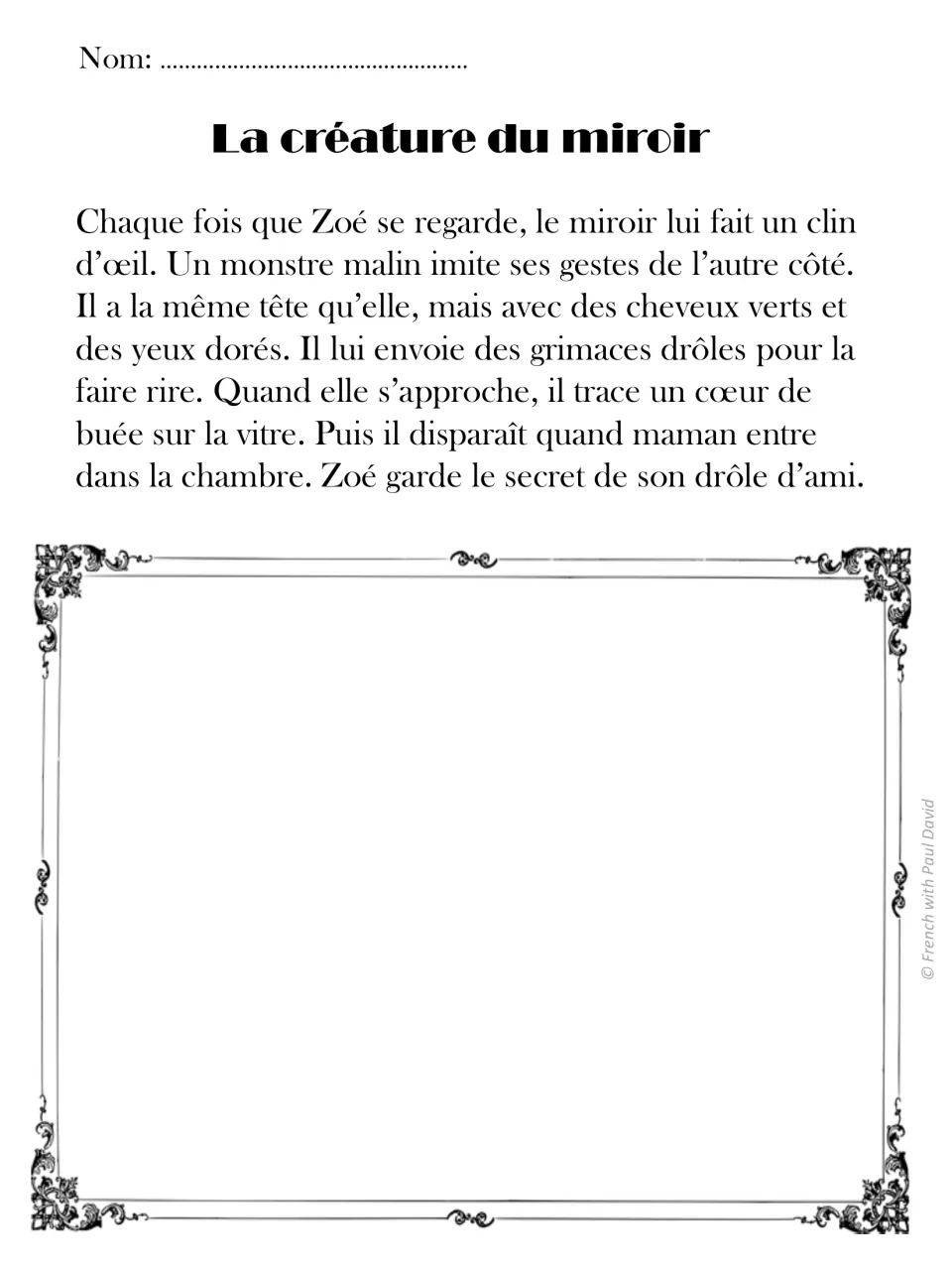 French read-and-draw passage 9: a mirror monster copies Zoé's gestures and has green hair and golden eyes.
