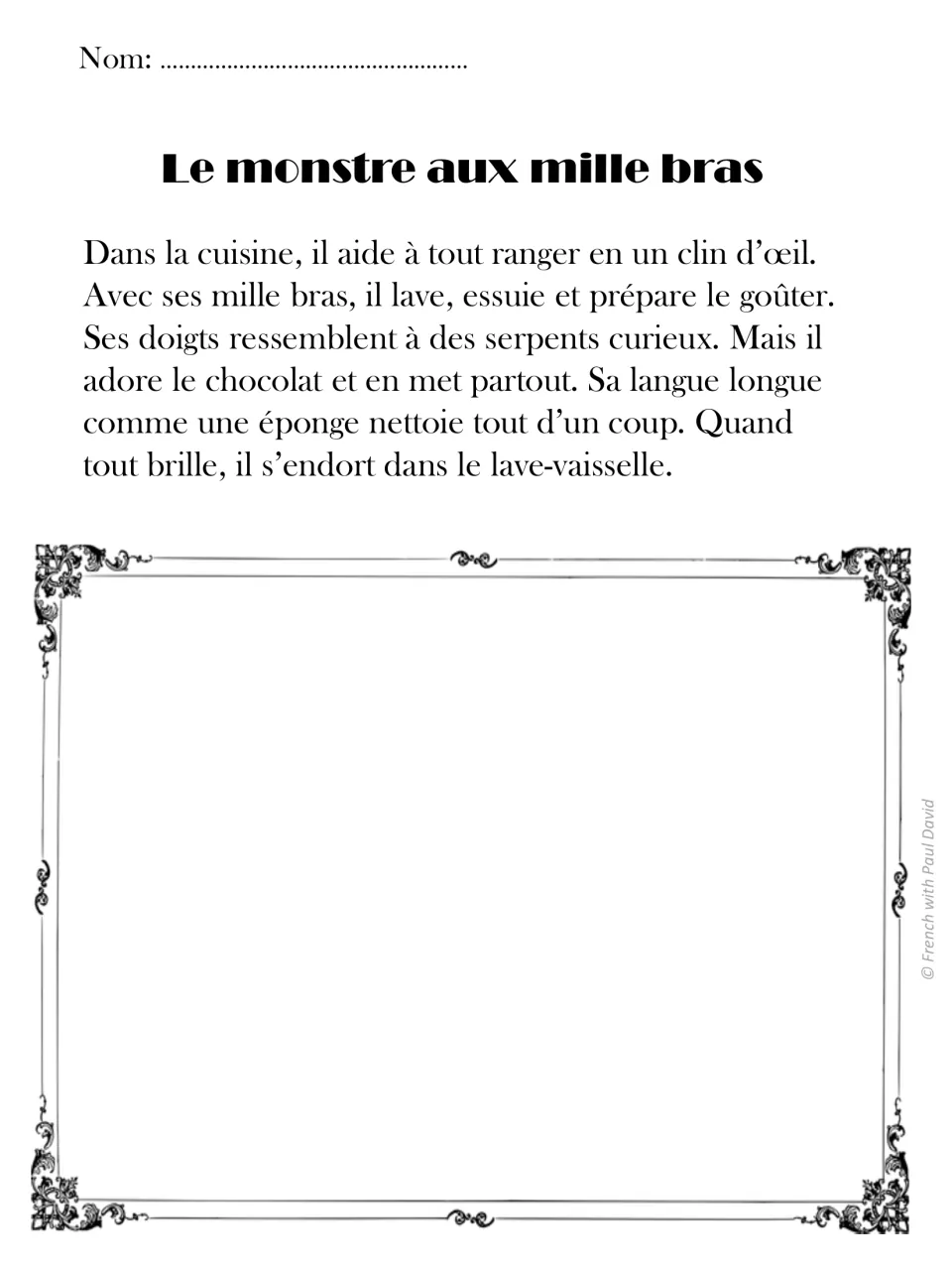 French read-and-draw passage 10: a thousand-armed kitchen monster cleans, prepares snacks, and spreads chocolate.