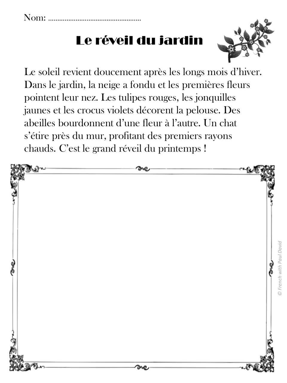 Le réveil du jardin: French spring reading about tulips, daffodils, bees and a cat; students draw the scene
