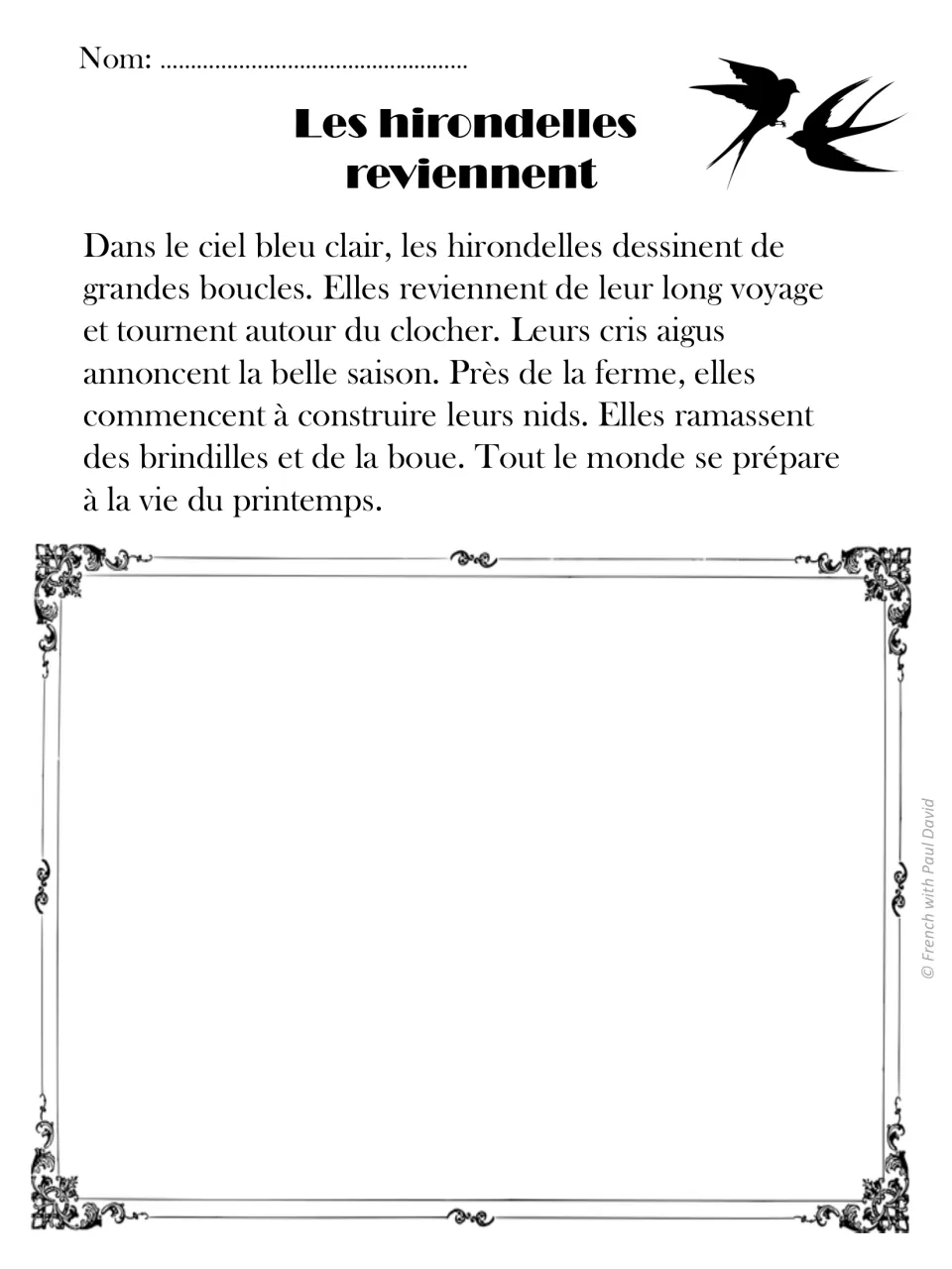 Les hirondelles reviennent: French text on swallows circling a bell tower and building nests; students draw the scene