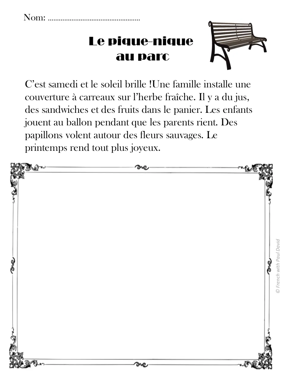 Le pique-nique au parc: French passage on a family picnic with juice, sandwiches and butterflies; students illustrate it