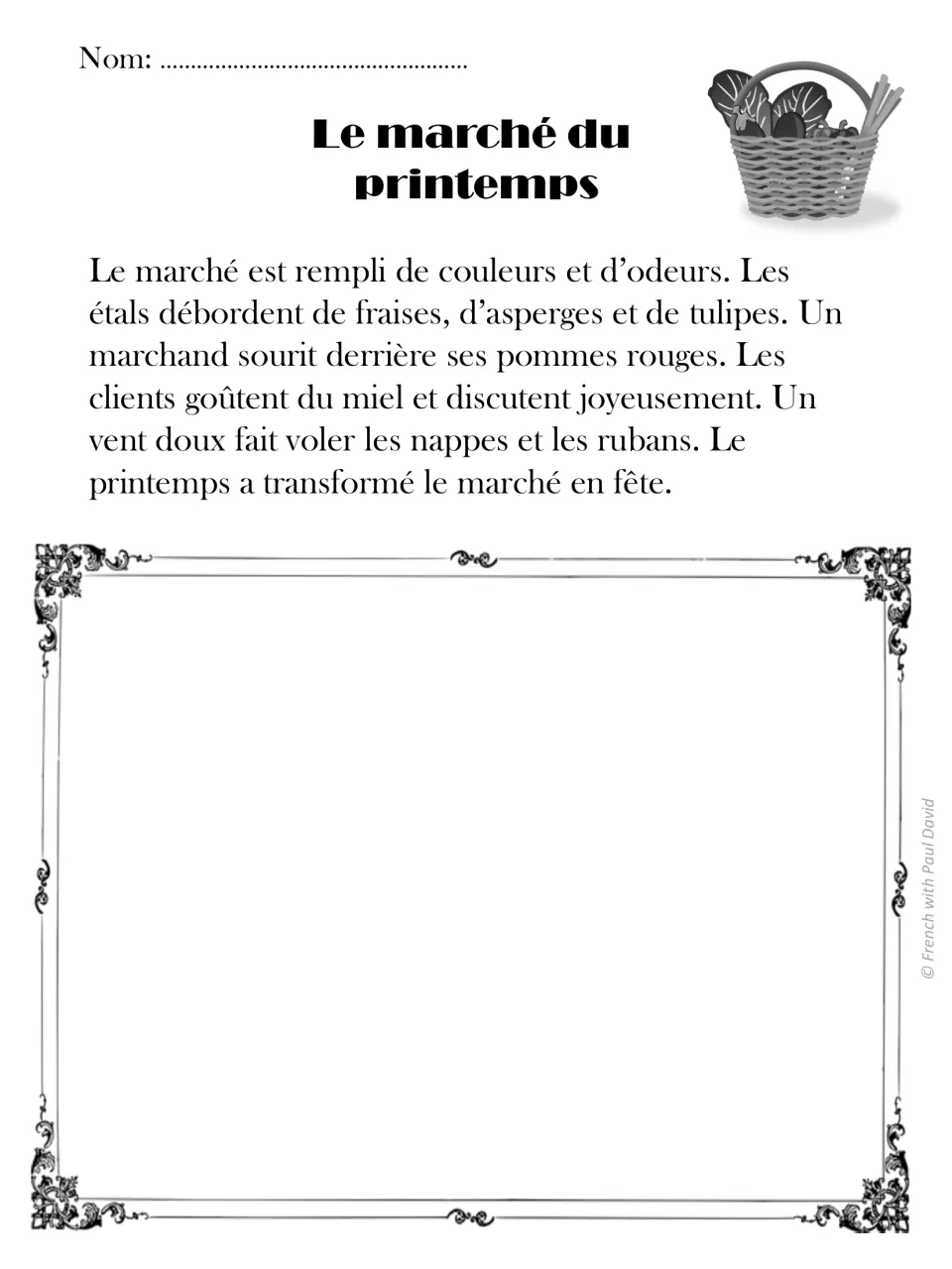Le marché du printemps: French text on a market of strawberries, asparagus, tulips and honey; students draw what they read