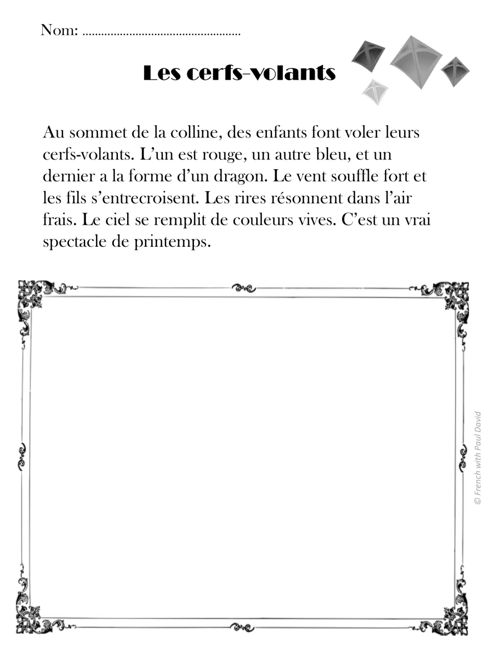 Les cerfs-volants: French passage on red, blue and dragon-shaped kites flying on a hill; students draw the kites