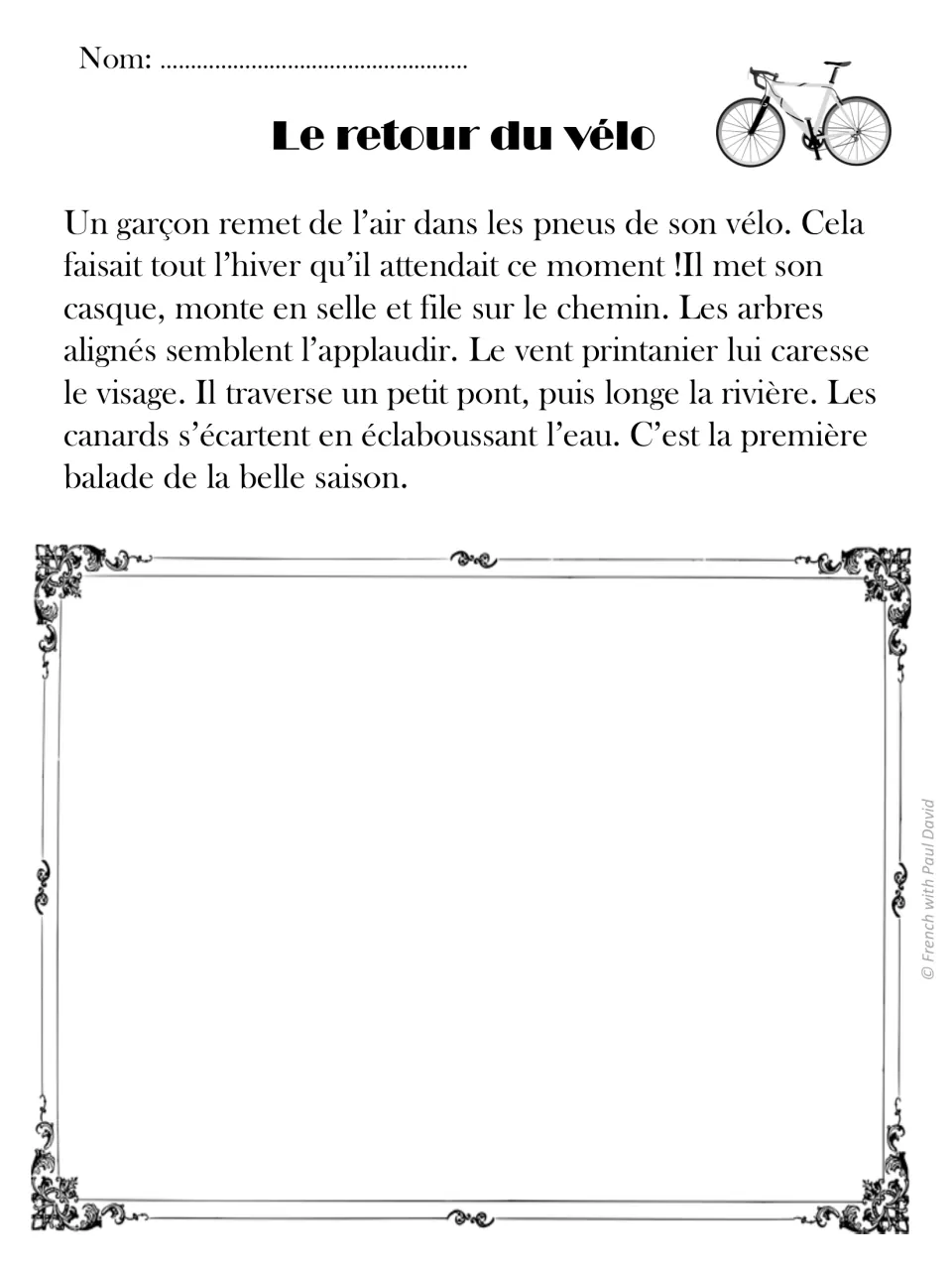 Le retour du vélo: French reading on a boy's first bike ride past a bridge, river and ducks; students illustrate the ride