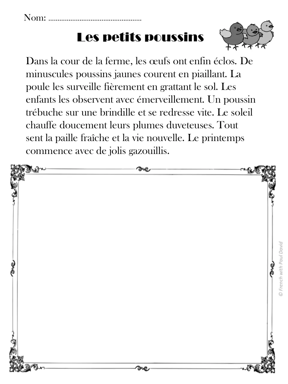 Les petits poussins: French passage on hatched yellow chicks watched by a hen and children; students draw the chicks