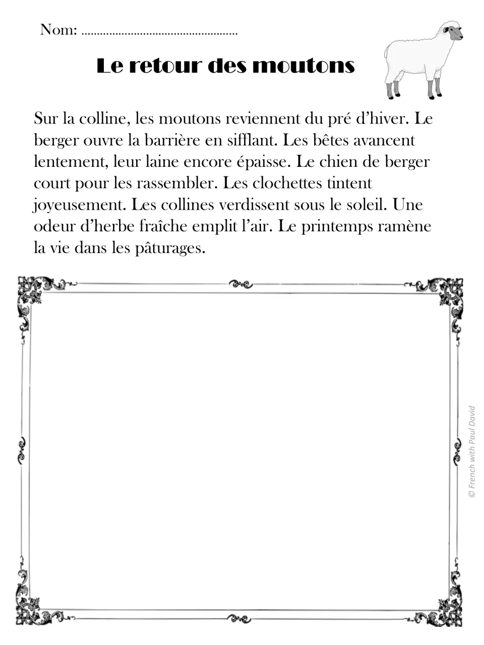 Le retour des moutons: French text on a shepherd, his dog and sheep returning to green hills; students draw the pasture