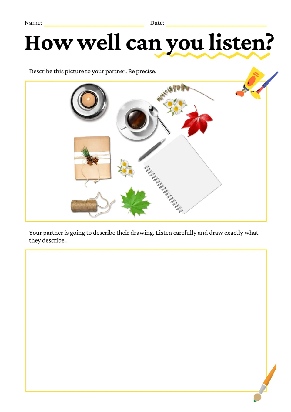 Partner listening and drawing activity: describe a notebook, pen, cup, wrapped package, leaves, and flowers