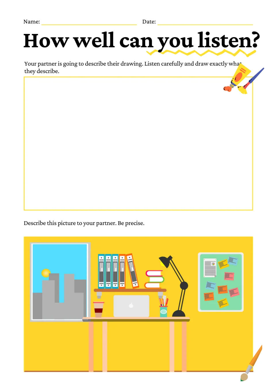Partner listening and drawing activity: describe a desk, laptop, lamp, binders, books, and bulletin board