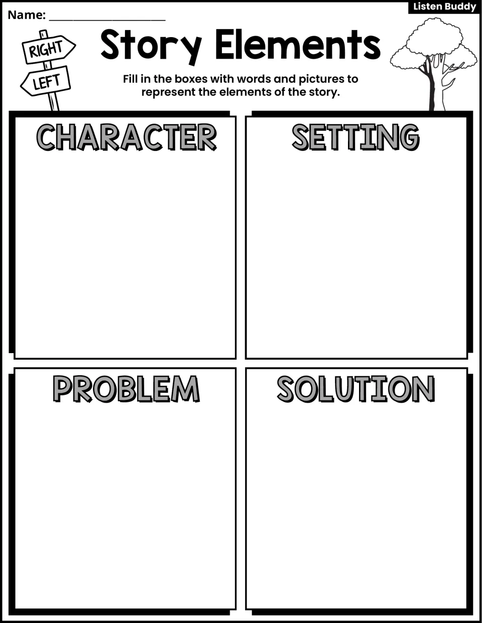 Story elements: students use words and pictures to show the character, setting, problem and solution of the story
