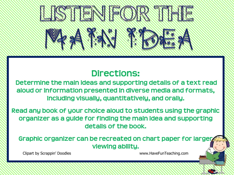 Listen for the Main Idea cover with directions: read any book aloud and use the organizer to find main idea and details