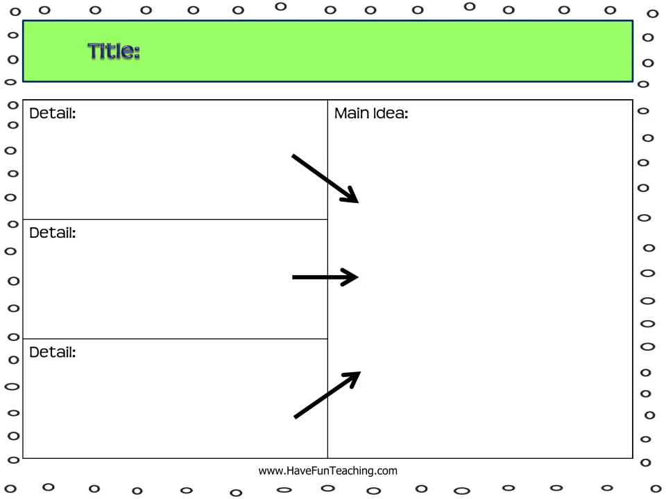Main idea graphic organizer: students write a book title and three details, with arrows pointing to the main idea