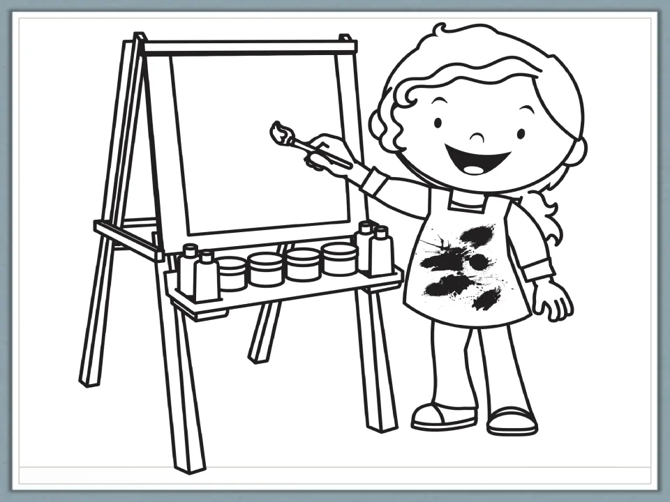 Painter coloring picture: a smiling girl in a paint-splashed apron at an easel with paint pots and tubes, ready to color
