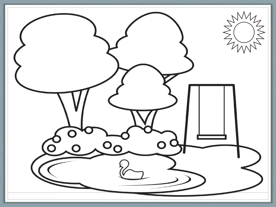 Park coloring picture of trees, a flowering bush, a swing, a pond with a swan and the sun for following color directions