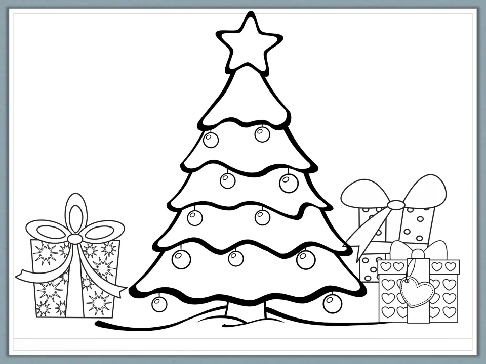 Christmas tree coloring picture with a star, baubles and wrapped presents with stars, spots and hearts around the trunk
