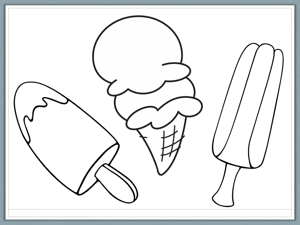Ice cream coloring picture showing two ice lollies on sticks and an ice cream cone for following directions