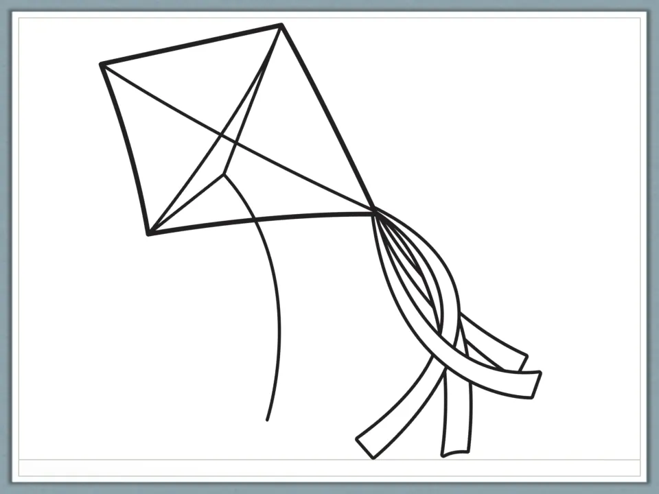 Kite coloring picture of a diamond kite split into four triangles with a string and four ribbons for color directions