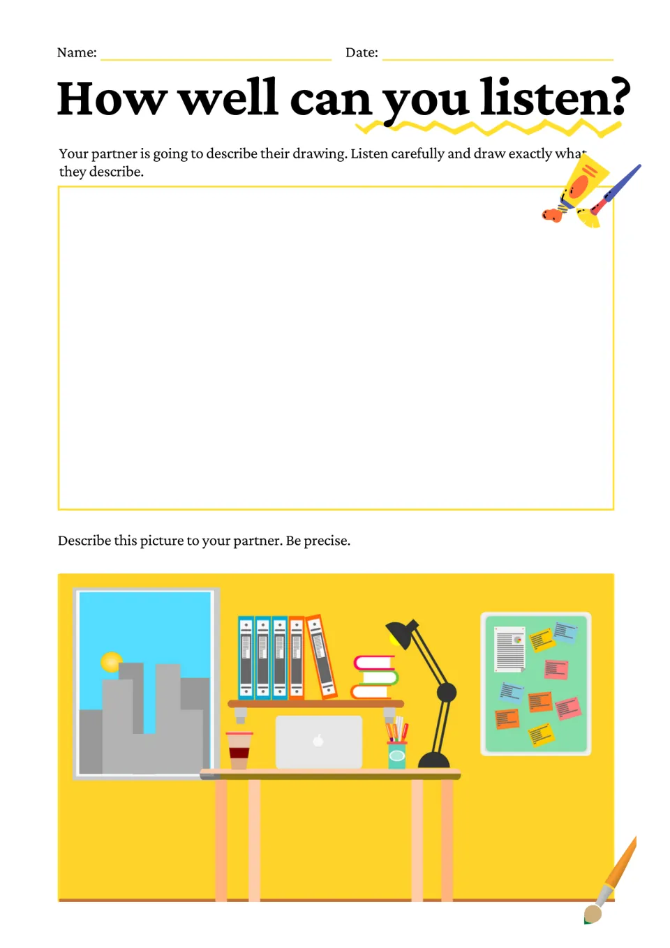 Describe-and-draw task: students explain a desk with a laptop, lamp, binders, books, window and notice board to a partner
