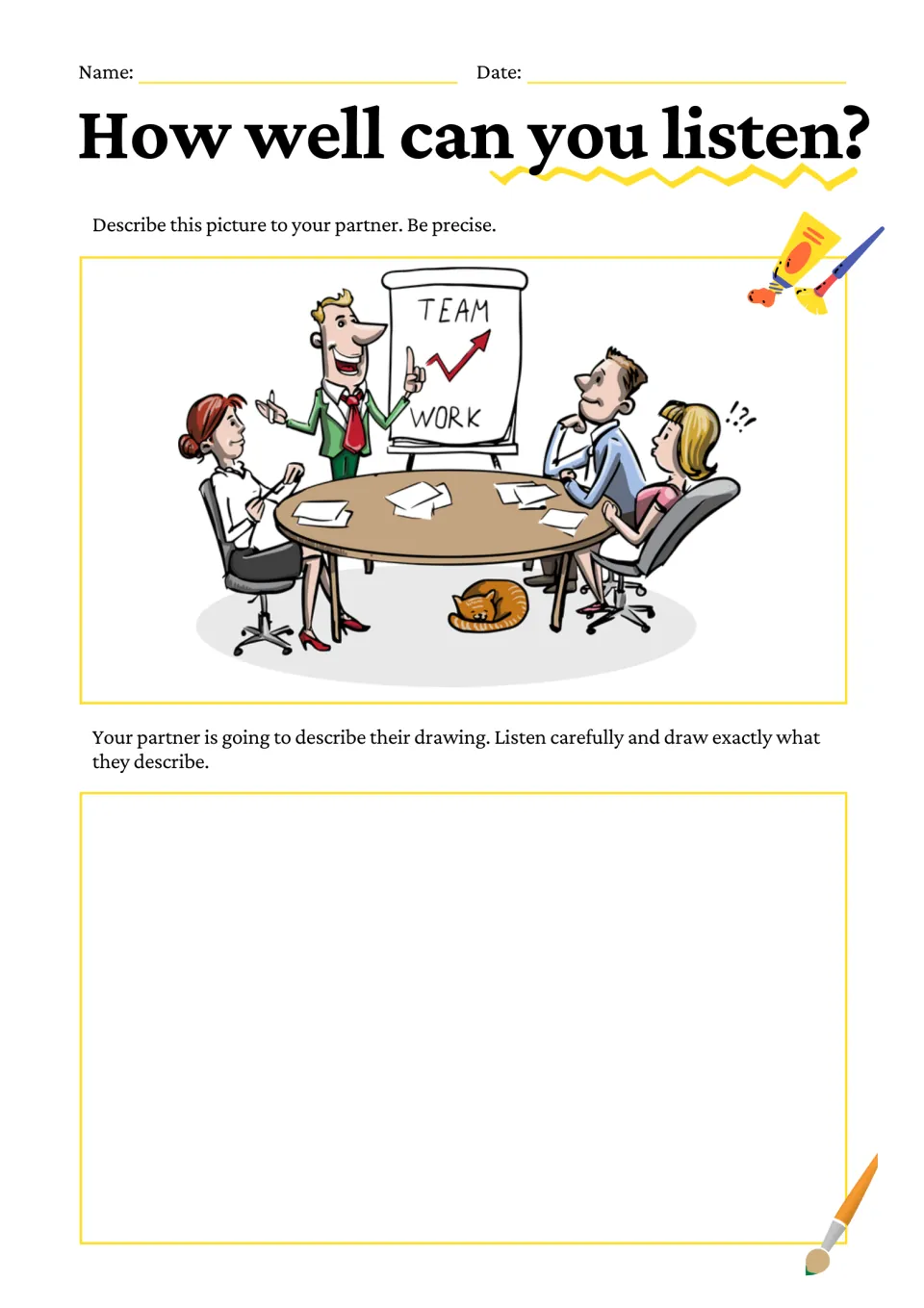 Speaking and listening task: describe a cartoon of four people meeting at a table by a TEAM WORK chart, with a cat below
