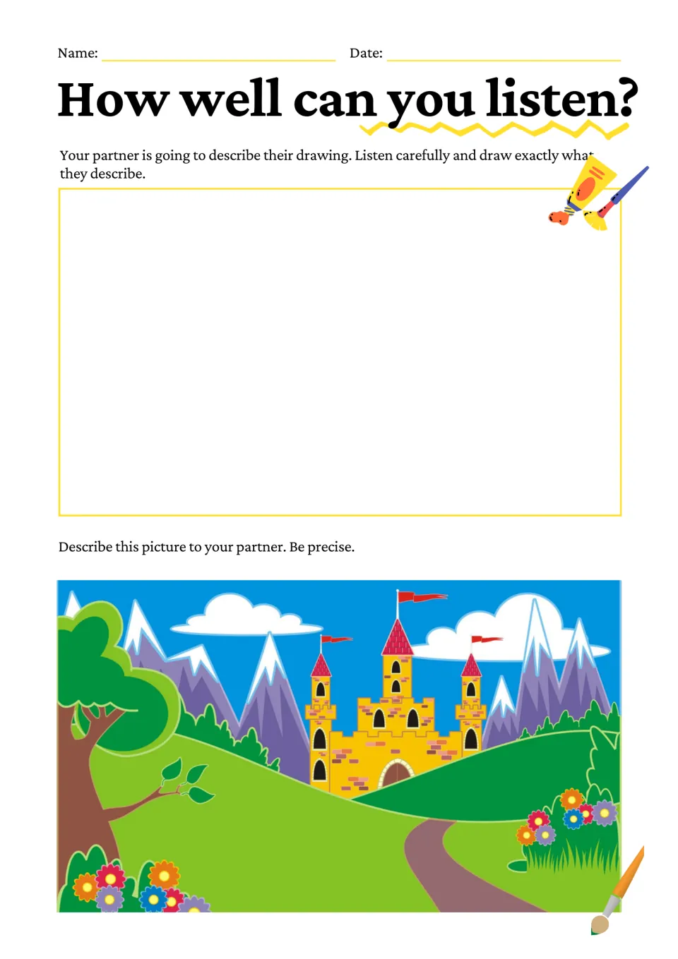 Describe and draw: a yellow castle with red flags among purple mountains, a winding path, a tree and flowers for a partner