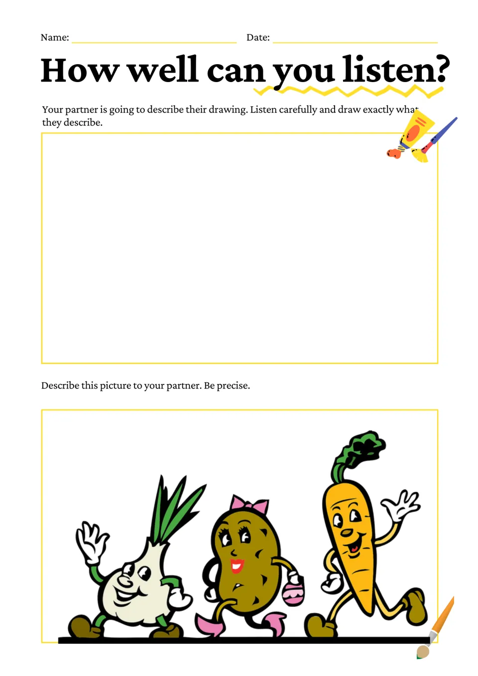 Oral description task: students describe three cartoon vegetables, an onion, a potato with a bow and a carrot, all walking