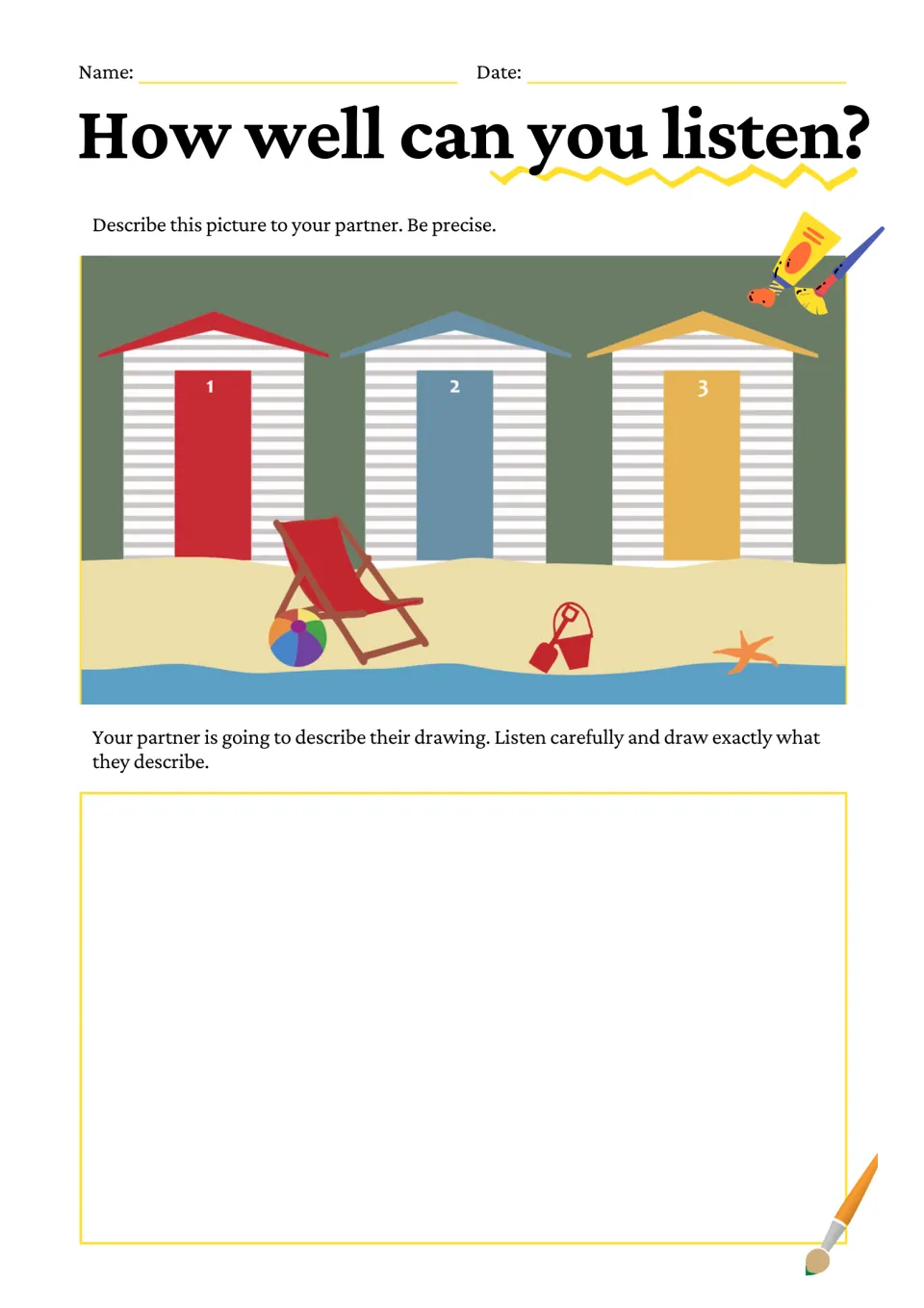 Describe-and-draw beach scene: numbered huts 1 to 3 in red, blue and yellow, a deck chair, ball, bucket and starfish