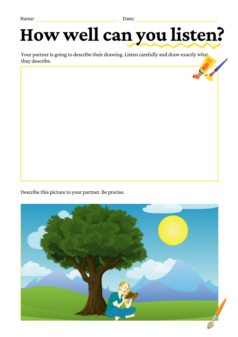 Partner listening task: describe a person reading a book under a large tree, with sun, clouds and mountains, to be drawn