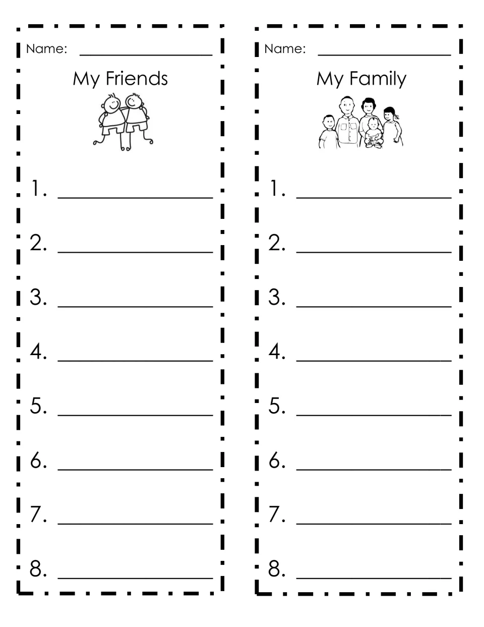 List-writing templates 1–2: My Friends and My Family, each with space for a name and eight entries.