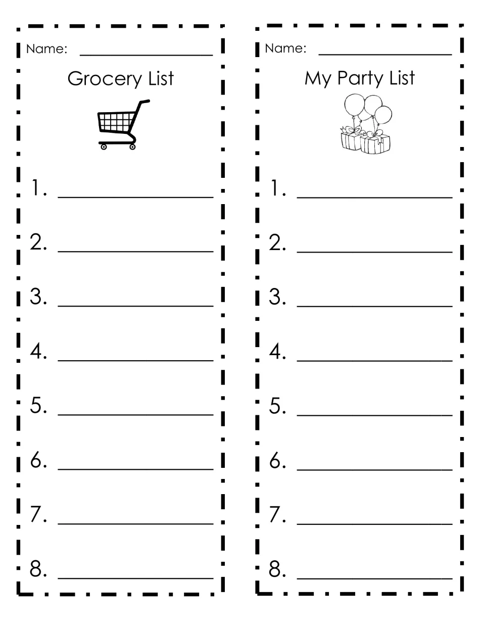 List-writing templates 3–4: Grocery List and My Party List, each with space for a name and eight entries.