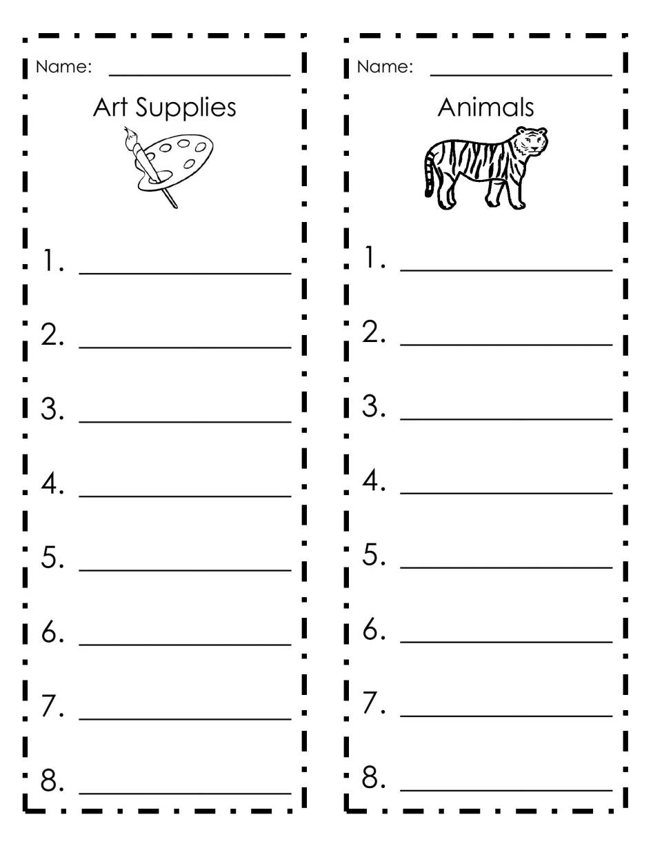 List-writing templates 5–6: Art Supplies and Animals, each with space for a name and eight entries.