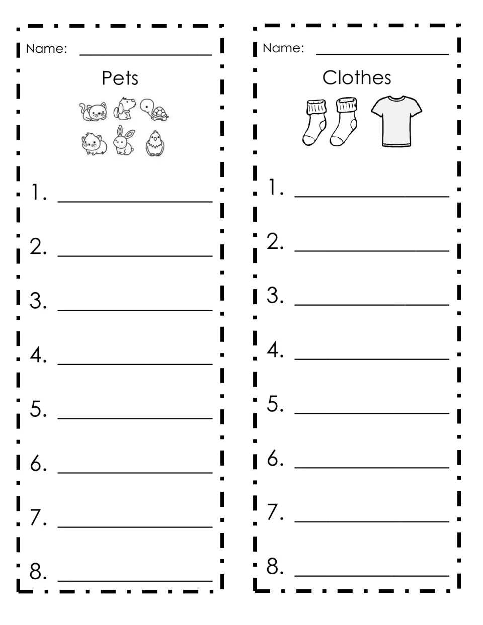 List-writing templates 7–8: Pets and Clothes, each with space for a student's name and eight entries.
