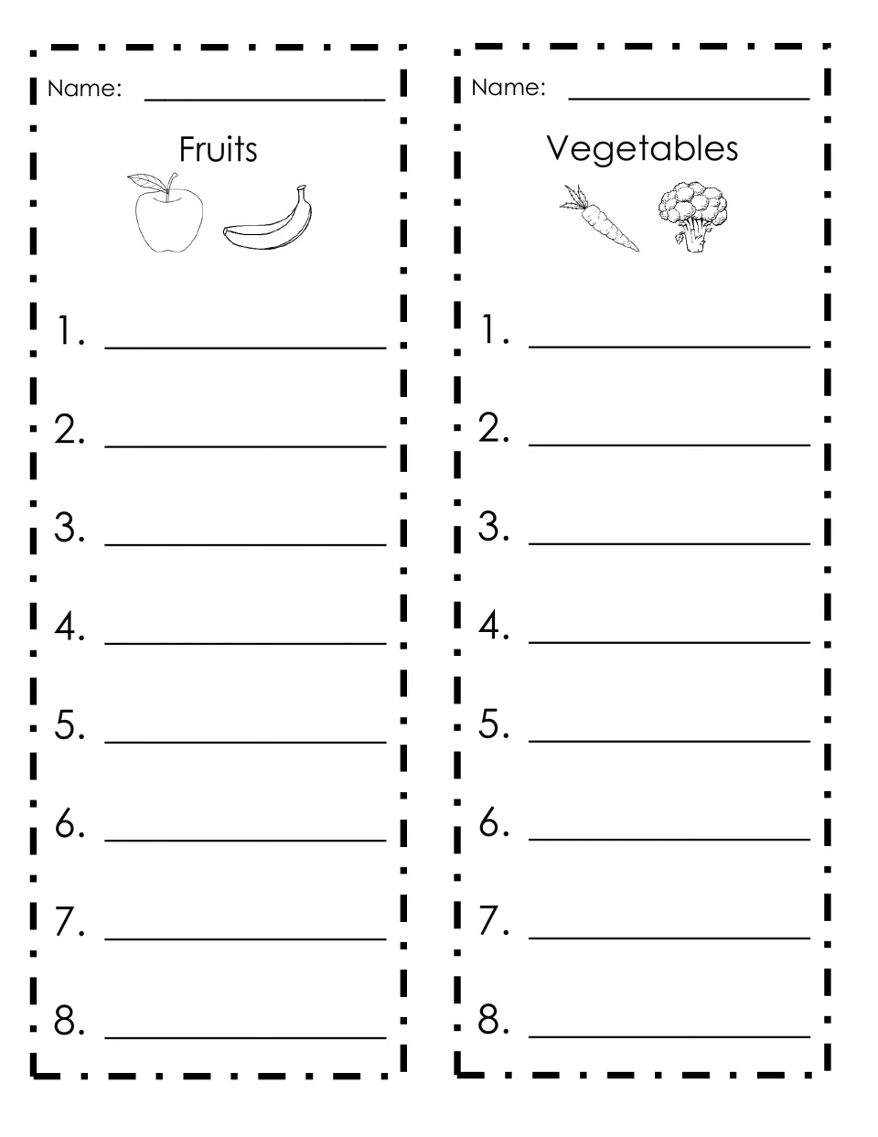List-writing templates 9–10: Fruits and Vegetables, each with space for a name and eight entries.