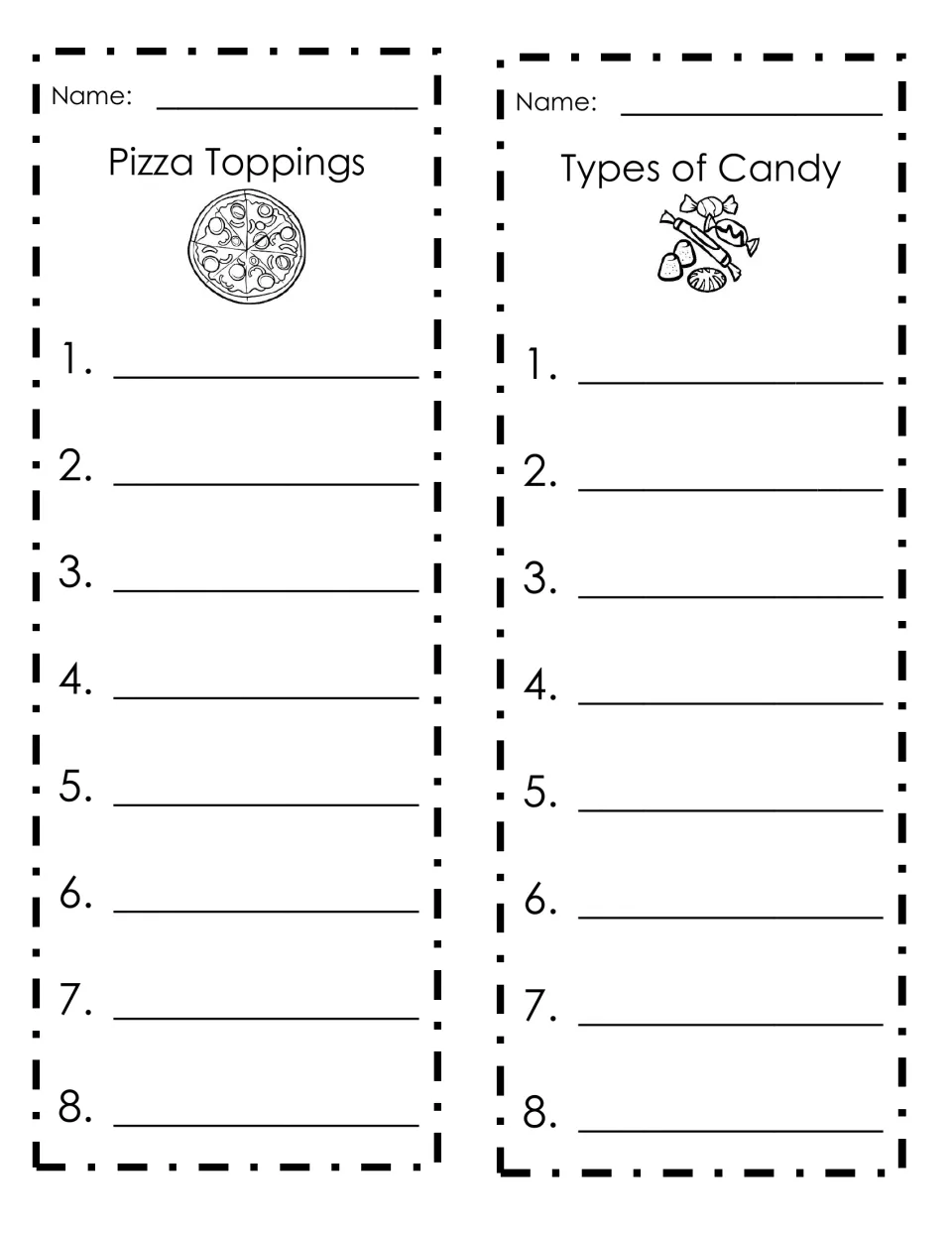 List-writing templates 11–12: Pizza Toppings and Types of Candy, each with room for eight entries.