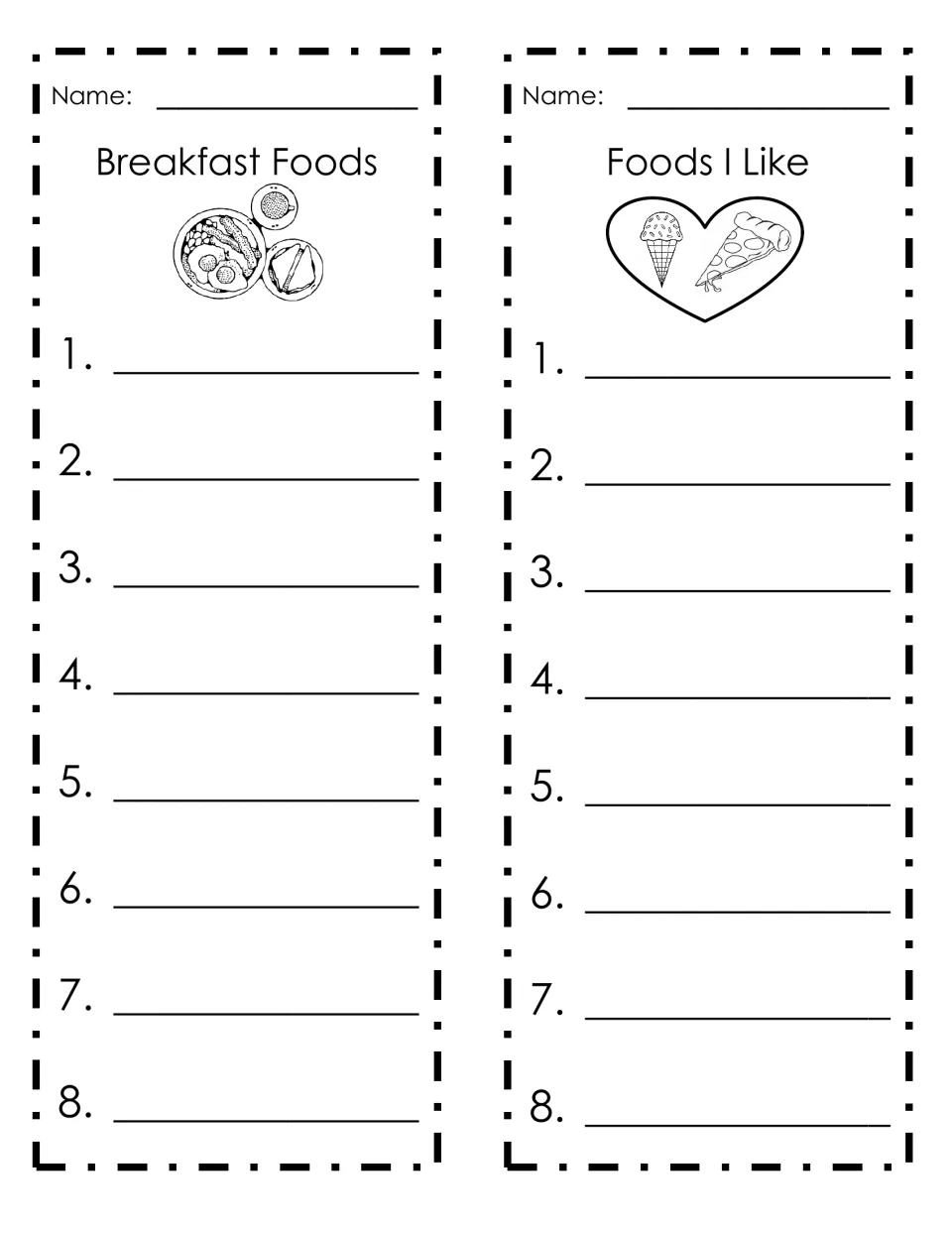 List-writing templates 13–14: Breakfast Foods and Foods I Like, each with room for eight entries.