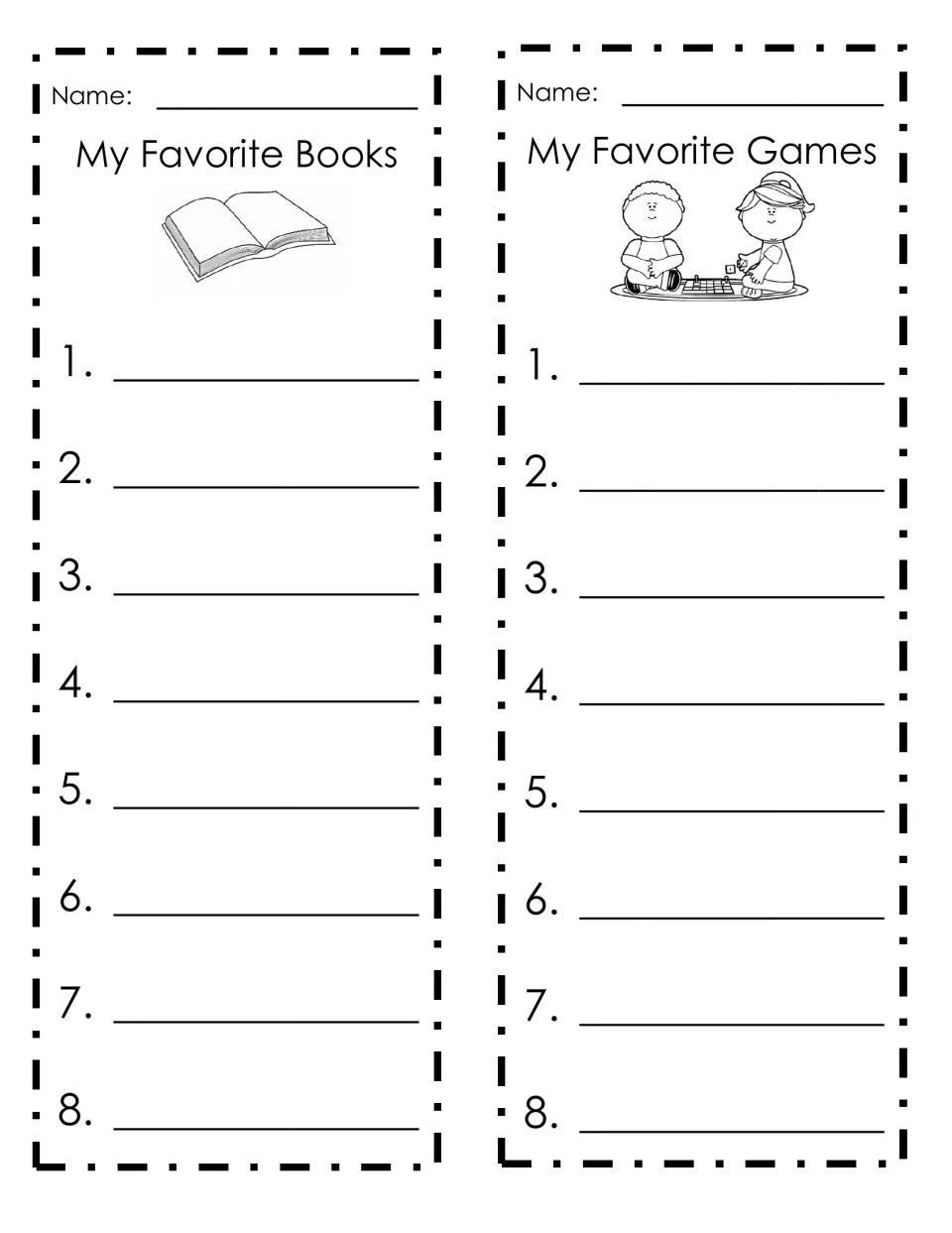 List-writing templates 15–16: My Favorite Books and My Favorite Games, each with room for eight entries.
