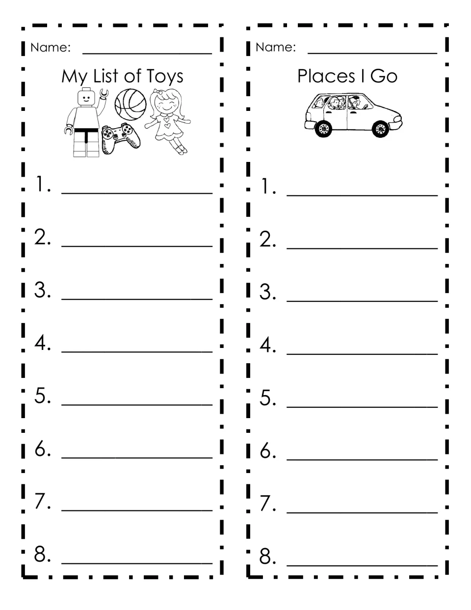 List-writing templates 17–18: My List of Toys and Places I Go, each with room for eight entries.